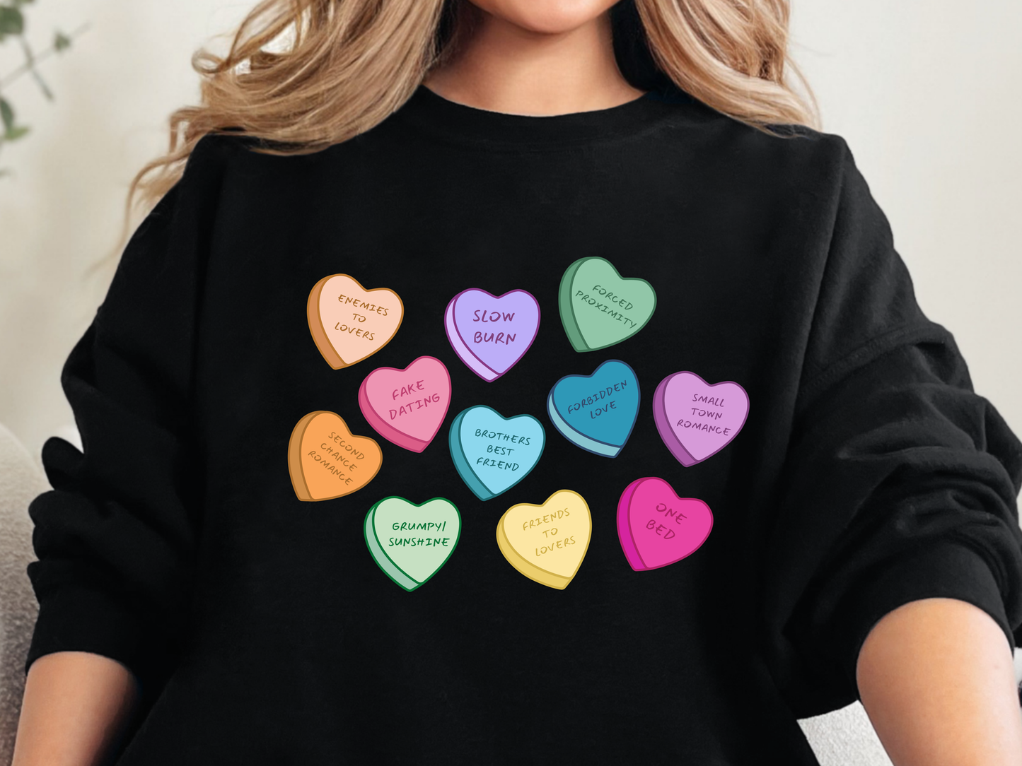 "Book Trope Candy Hearts" Crewneck