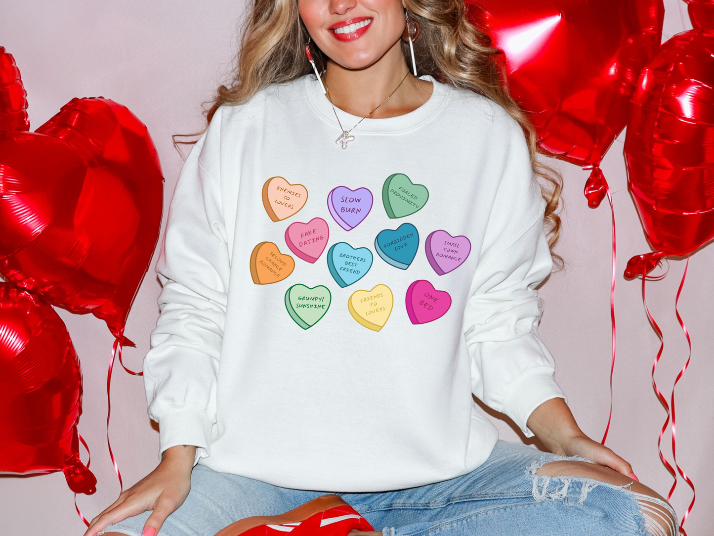 "Book Trope Candy Hearts" Crewneck