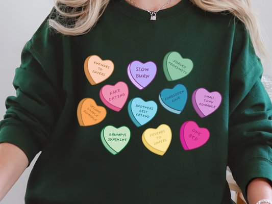 "Book Trope Candy Hearts" Crewneck